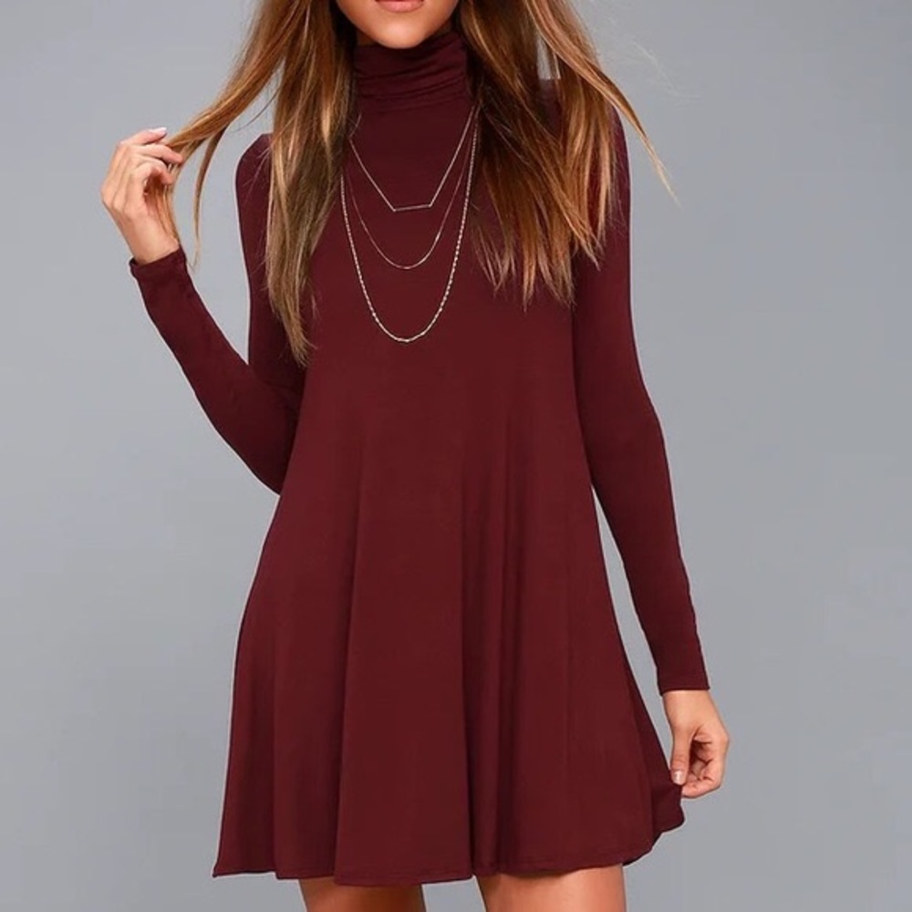 Lulu’s Long Sleeve Turtleneck Swing Dress - Wine